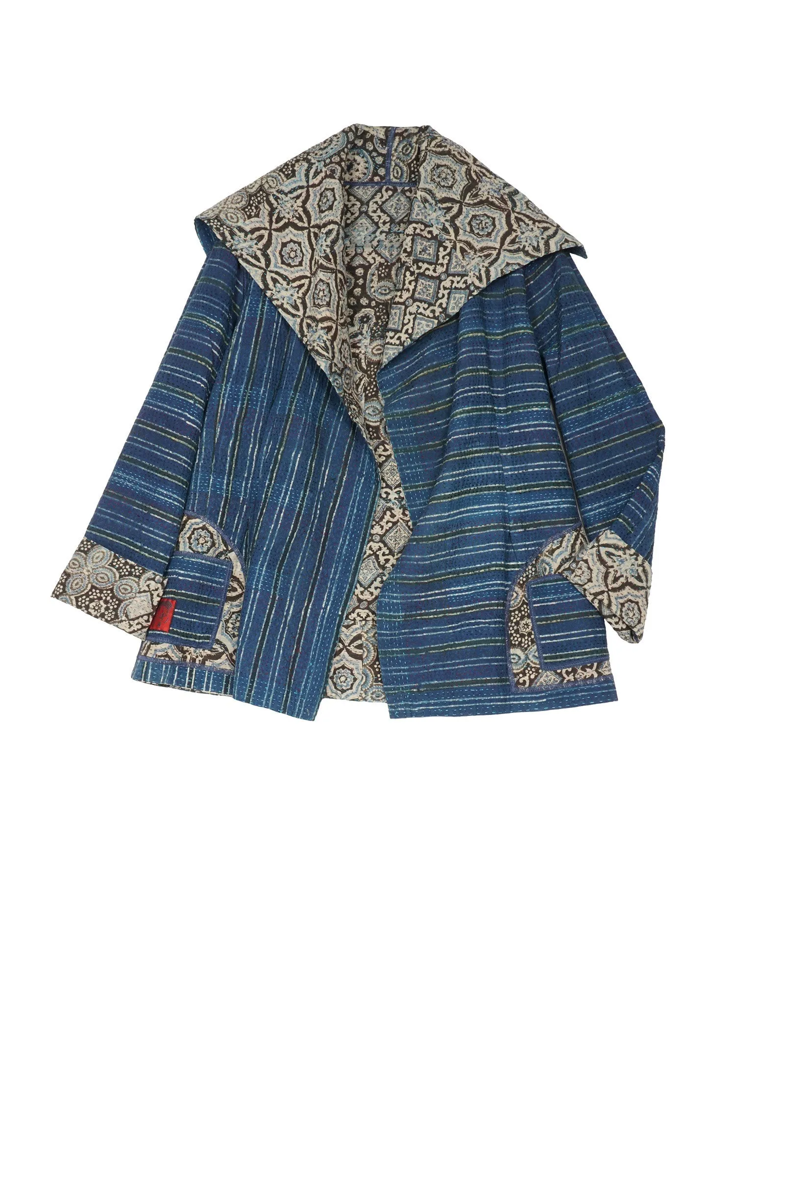 AJRAKH PRINT KANTHA FITTED JACKET - aj2001-blu -