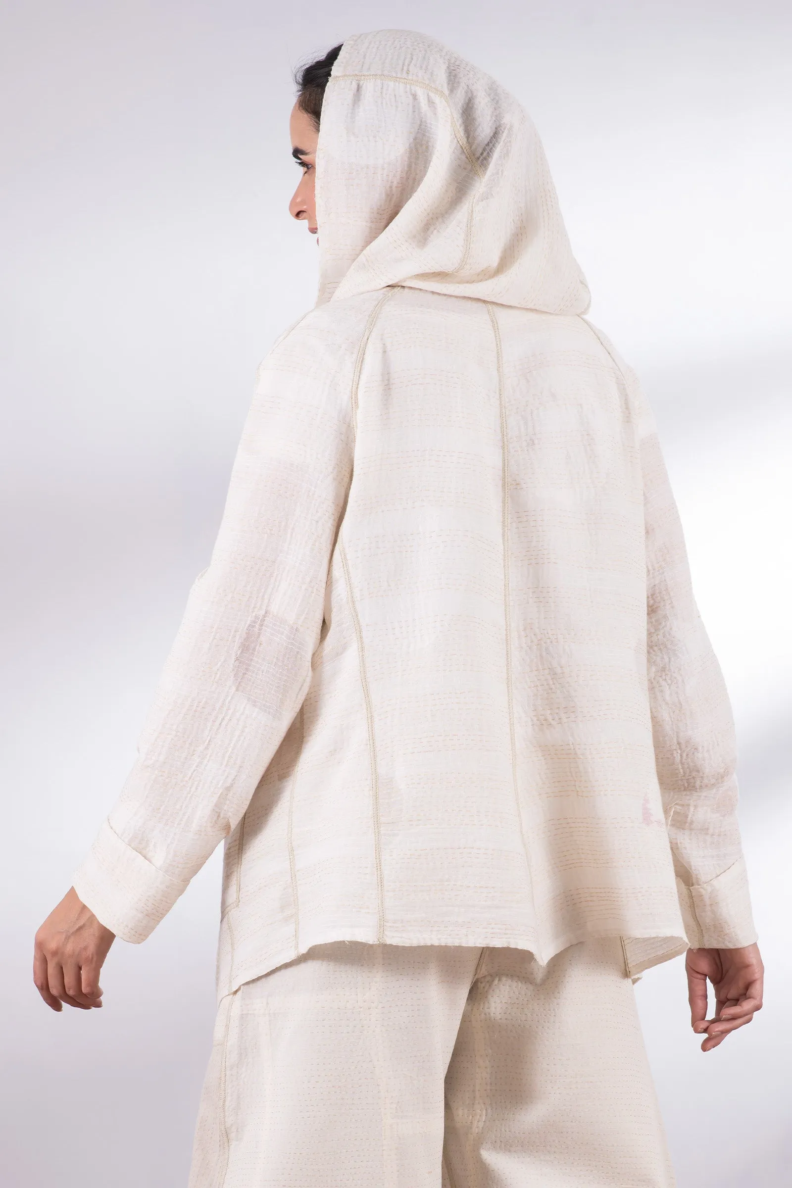 CUT THROUGH DOT AND HOLES KANTHA HOODED JACKET