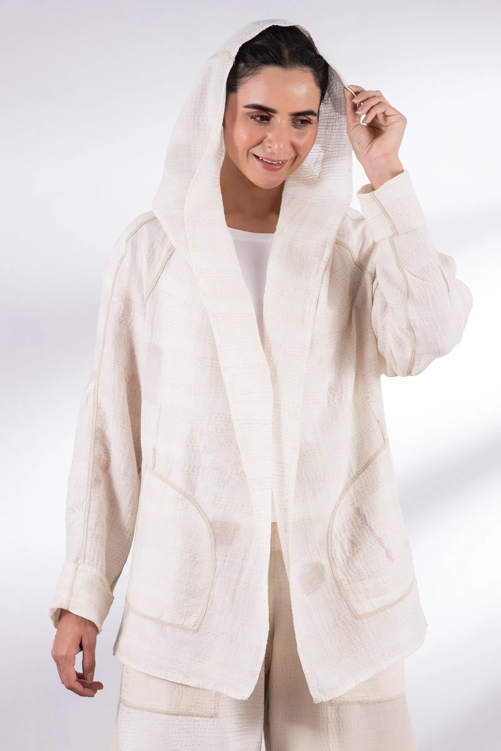 CUT THROUGH DOT AND HOLES KANTHA HOODED JACKET