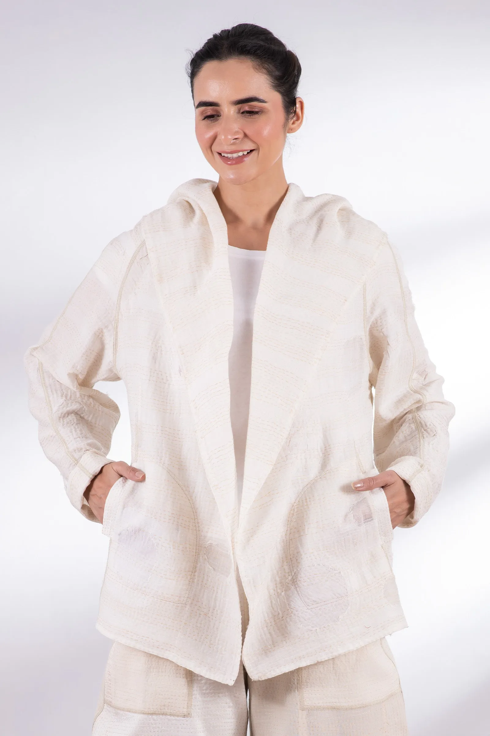 CUT THROUGH DOT AND HOLES KANTHA HOODED JACKET