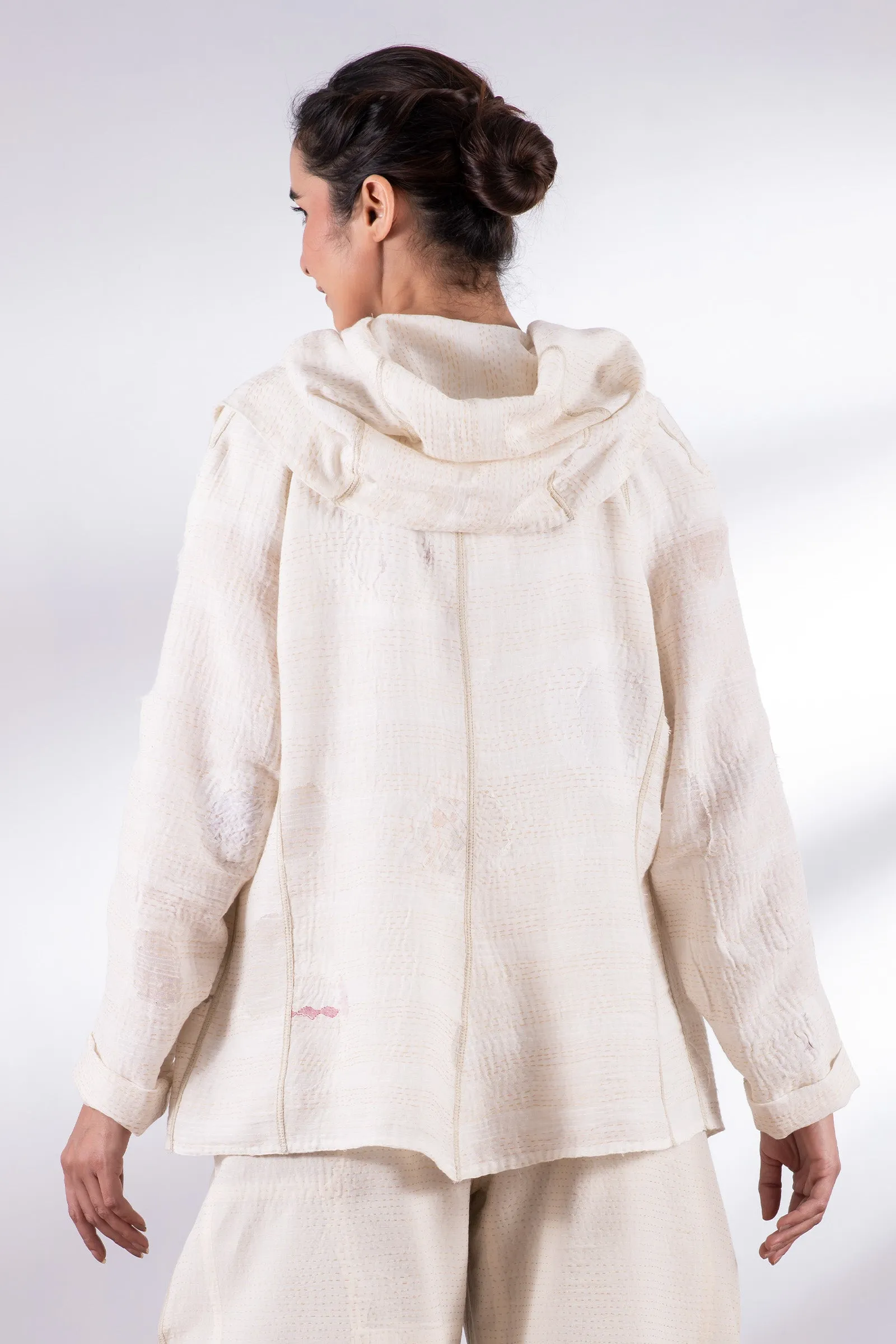 CUT THROUGH DOT AND HOLES KANTHA HOODED JACKET