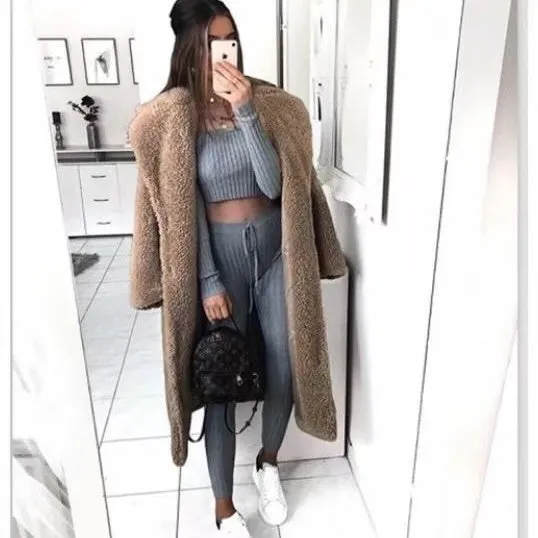 Women's Long Faux Fleece Warm Cardigan Coat
